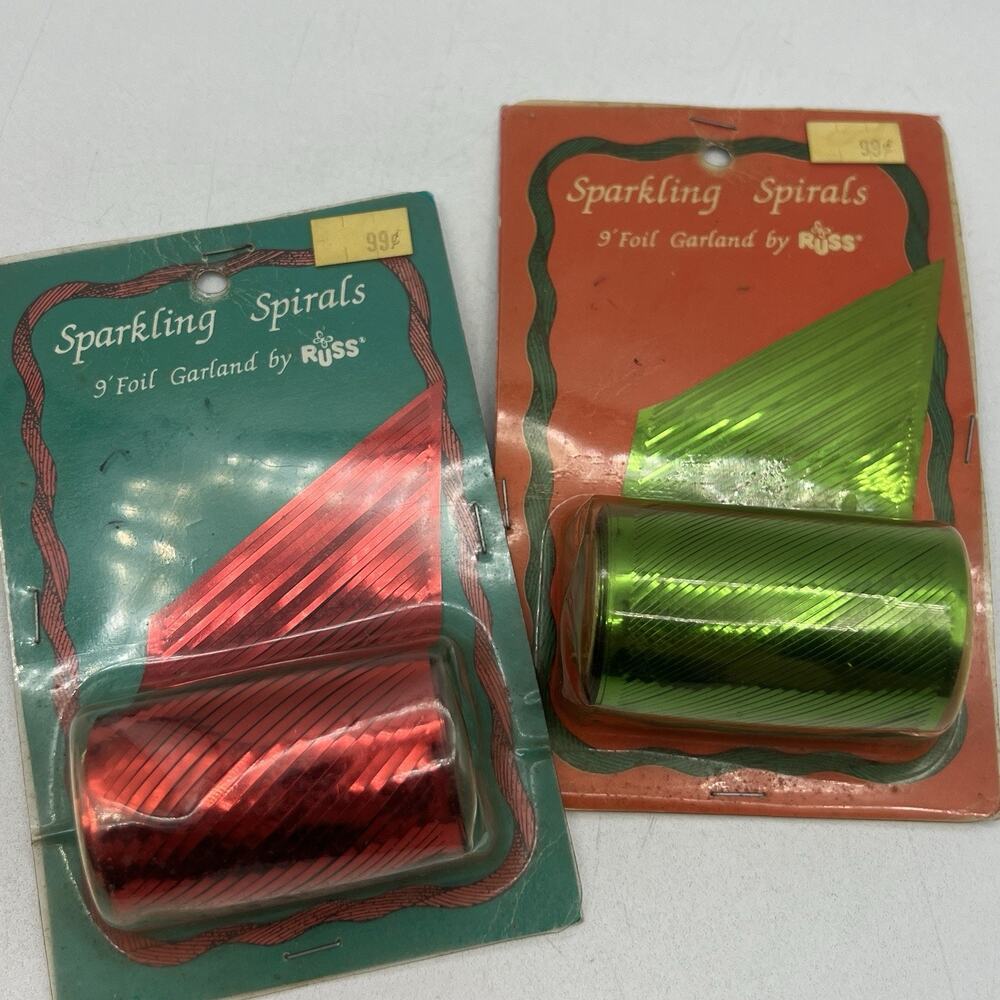 Set 2 Vtg Sparkling Spiral Red Green Foil Metallic Fringe Garlands 9' Russ NEW